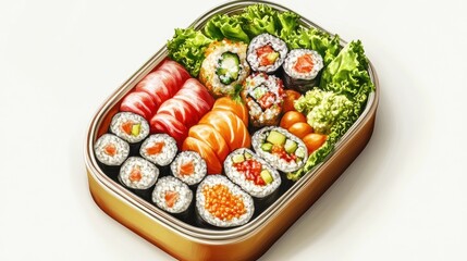 A gourmet bento box, sushi, fresh salad, artistic arrangement, detailed digital painting, soft light, isolated on white background.