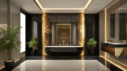 Fototapeta premium Luxurious Modern Black And Gold Bathroom Design