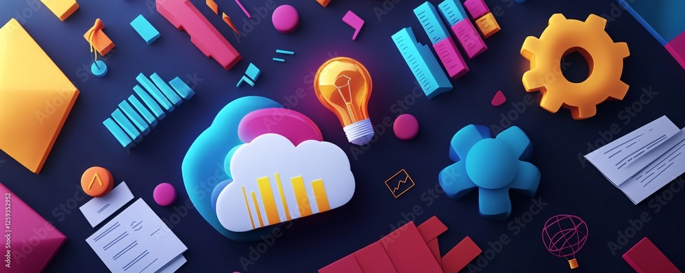Poster Cloud computing concept with glowing light bulb and colorful charts and gears