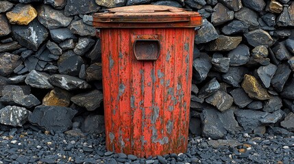 A weathered red trash bin stands against a backdrop of dark, textured rocks, highlighting urban decay