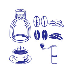 a cup of coffee and coffee making tools along with coffee beans in the form of a simple vector image