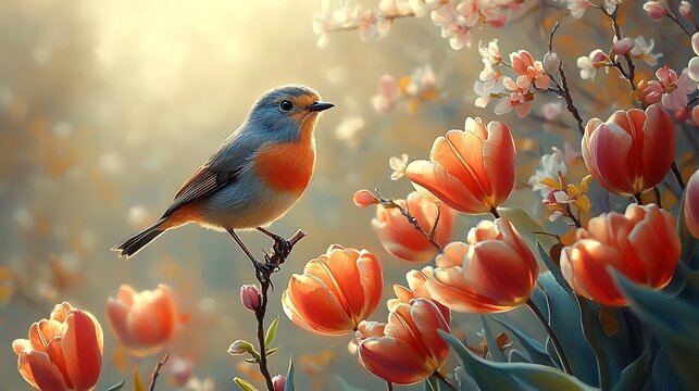 A peaceful spring inspired image of a blooming tulip bouquet with a bird nearby adding a sense of calm and warmth