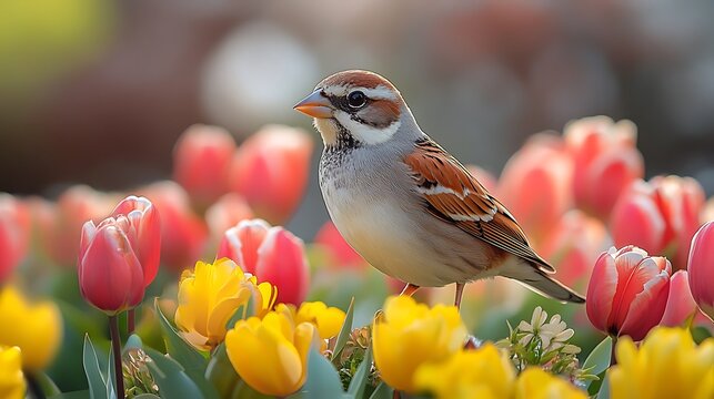 A peaceful spring inspired image of a blooming tulip bouquet with a bird nearby adding a sense of calm and warmth
