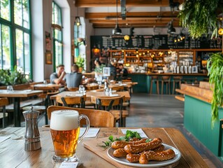 A German beer hall with pretzels, bratwurst, and steins of beer, lively atmosphere