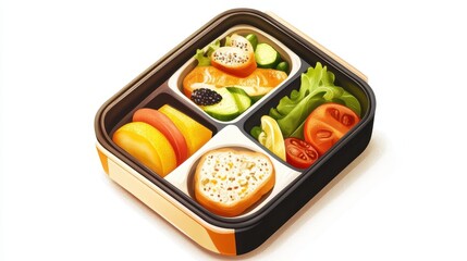 A gourmet chefâ€™s lunchbox, high-end presentation, organic ingredients, luxury aesthetic, elegant illustration, isolated on white background.