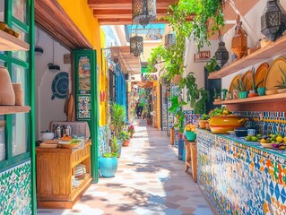 Fototapeta premium A Moroccan market with tagines, couscous, and mint tea, intricate tilework and lanterns