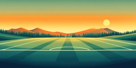 Scenic soccer field landscape with mountains and sunset background