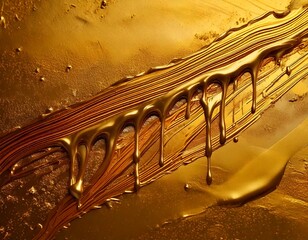 Close-up of golden metallic paint dripping and spreading across a textured surface, creating an...