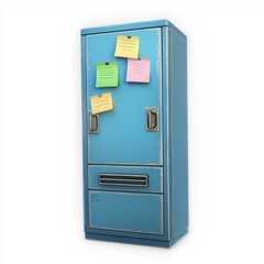 Vintage Blue Refrigerator with Colorful Sticky Notes on Front for Retro Kitchen Decor and Interior Design Inspiration