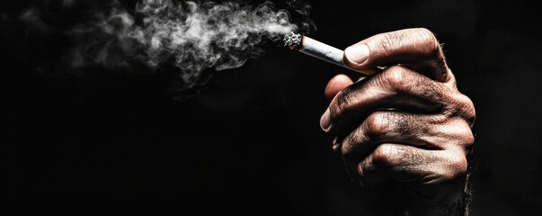 Fototapeta premium A close-up of a hand holding a cigarette, exhaling smoke.