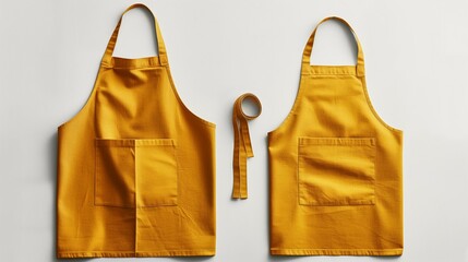 Two Mustard Yellow Cotton Aprons with Pockets and Matching Ties