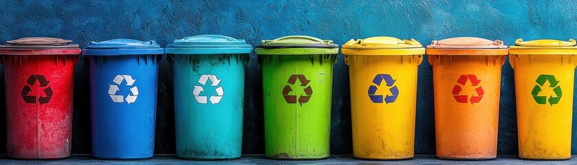 A colorful row of recycling bins for waste separation.