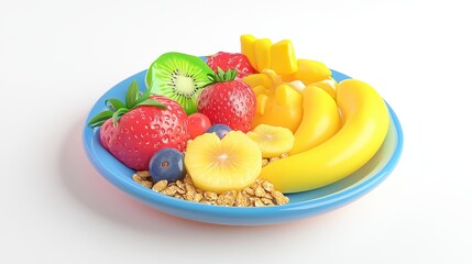 A healthy breakfast plate, fresh fruits, granola, yogurt, 3D illustration, vibrant colors, isolated on white background.