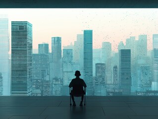 Fototapeta premium A contemplative figure gazing at a city skyline from indoors.