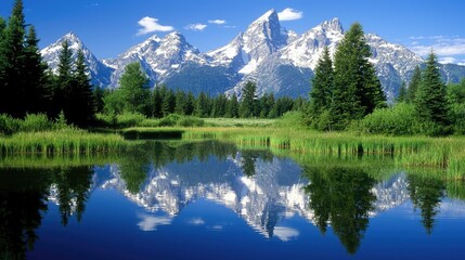 Fototapeta premium Majestic mountain landscape reflecting in a serene lake surrounded by lush greenery and trees