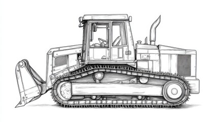 Naklejka premium Detailed Sketch of a Construction Bulldozer on White Background