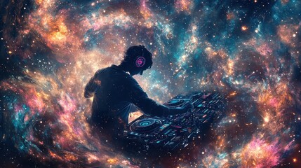 Silhouette of a dj mixing music within a vibrant nebula