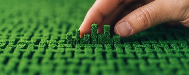 A hand adjusting small green structures on a textured surface.