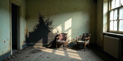 Fototapeta premium Sunlit Decay Two Antique Chairs in a Derelict Room with Water Damaged Walls