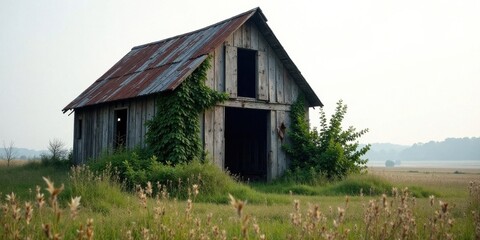 Rustic weathered barn, overgrown with vines, stands solitary in a field of tall grass under a pale sky