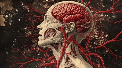 Human anatomy showing blood vessels and brain