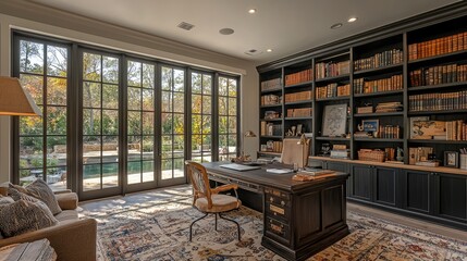 Naklejka premium Elegant home office with large windows showcasing a serene garden view and stylish decor