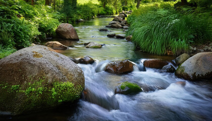 gently flowing stream surrounded by smooth stones and lush greenery, evoking calm and recovery