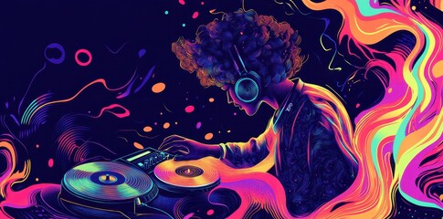Colorful dj mixes music on turntables wearing headphones