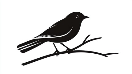 Obraz premium Elegant Silhouette of a Bird Sitting on a Branch Against White Background