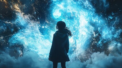 Obraz premium Girl Gazing at a Celestial Nebula in the Night Sky