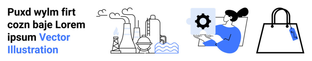 Factories emit smoke, person utilizes a gear icon for technology, and a tagged shopping bag symbolizes trade. Ideal for industry, technology, innovation, commerce, shopping, energy education