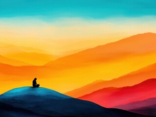 Fototapeta premium A serene figure meditating amidst vibrant mountain landscapes.