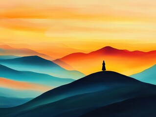 A serene silhouette against a vibrant sunset landscape.