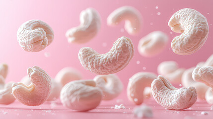 Close-up of levitating roasted cashews against a pink background.  Many nuts are in motion, creating a dynamic and appetizing image ideal for food packaging or blog posts.