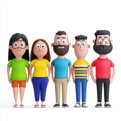 Fototapeta premium Group Of Cartoon Characters Standing In A Row With Vibrant Colors