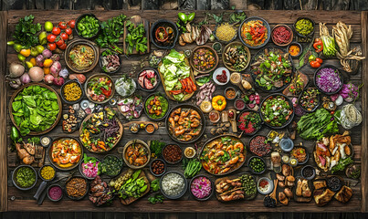 Diverse culinary feast overhead shot of a rustic wooden table laden with an abundance of colorful dishes, showcasing a variety of international cuisines and fresh ingredients.