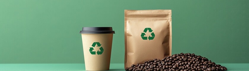 Biodegradable coffee cup and sustainable packaging with recycling symbol