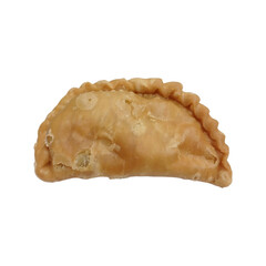 Pastel Goreng Jalangkote isolated white background, a traditional Indonesian market snack made from deep-fried puff pastry with thin and crispy skin. Potato, chicken, egg or any chili sauce filling. 