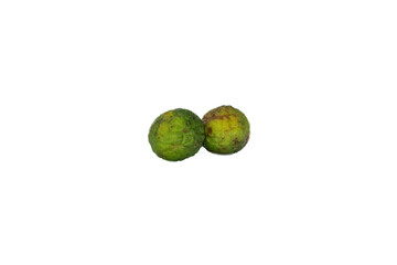 Two green kaffir limes with rough, bumpy skin on a white background.