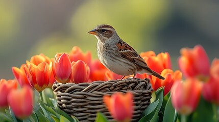 A cozy nature inspired scene featuring tulips in full bloom in a woven basket while a bird perches gently on its edge