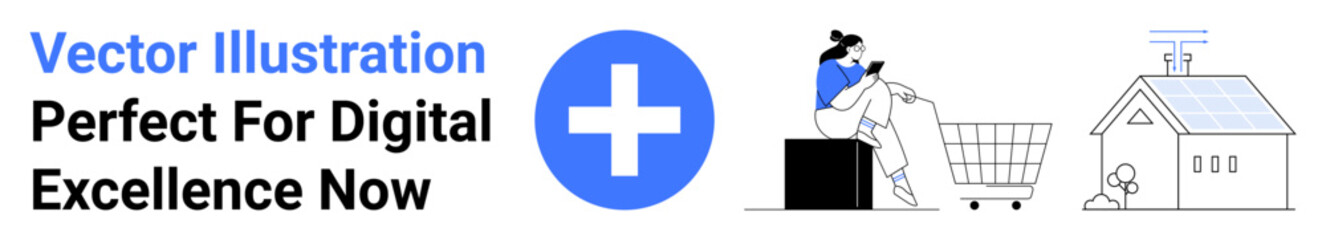 Woman with smartphone next to shopping cart, plus icon, and smart home. Ideal for e-commerce, technology, connectivity, smart living, modern solutions, marketing visuals flat landing page banner