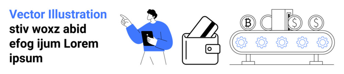 Businessman holding a clipboard, nearby a wallet with cards, and a machine inserting icons for blockchain, dollar, and credit. Ideal for finance, automation, technology, business strategy