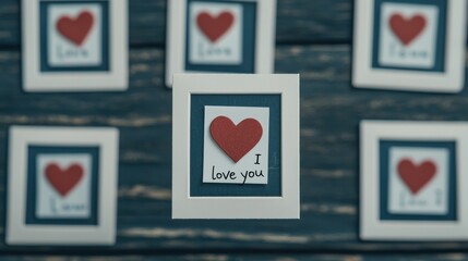 Artistic display of love notes with heart designs in frames.