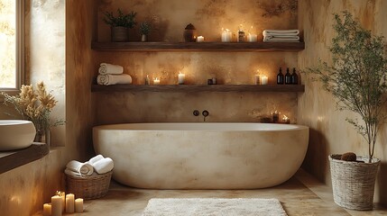 Peaceful bathroom retreat with wooden shelves rustic decor and mocha mousse walls exuding warmth