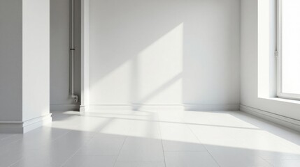 Fototapeta premium Sunlit Empty Room with White Walls and Floor, Featuring a Vertical Pipe
