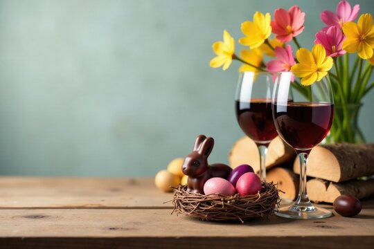 A festive springtime tableau featuring chocolate bunny, colorful eggs nestled in a bird's nest, and two glasses of red wine beside a rustic wooden arrangement and vibrant spring blossoms