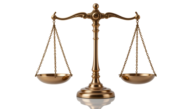 Golden Justice Scale Symbolizing Balance and Fairness Against transparent background