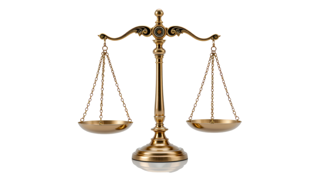 Golden Justice Scale Symbolizing Balance and Fairness Against transparent background