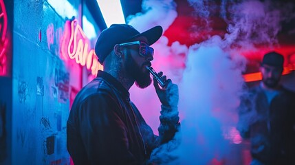 Naklejka premium Tattooed bearded man vaping in neon lit nightclub lounge