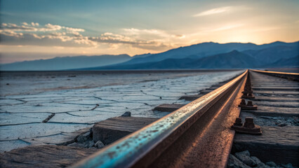 Obraz premium serene view of railway tracks stretching across cracked desert landscape at sunset